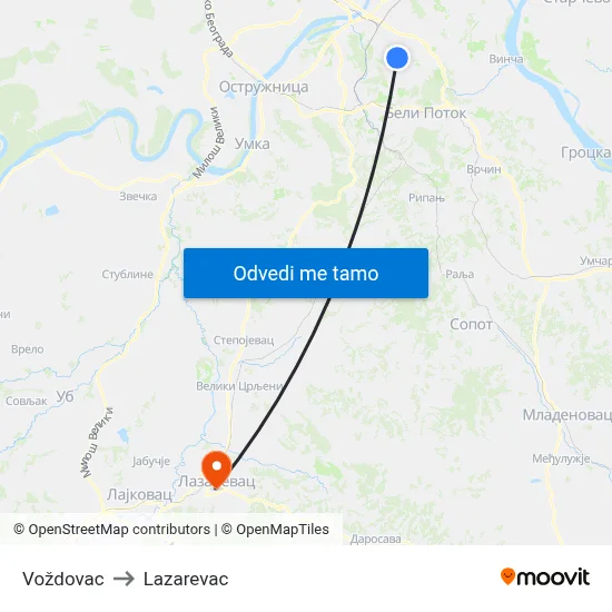 Voždovac to Lazarevac map