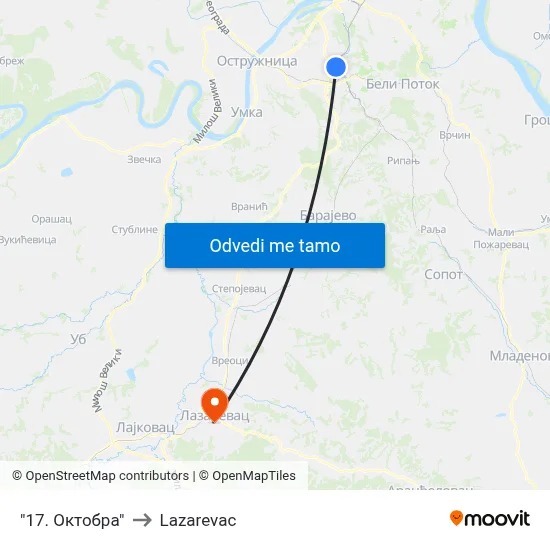 "17. Октобра" to Lazarevac map