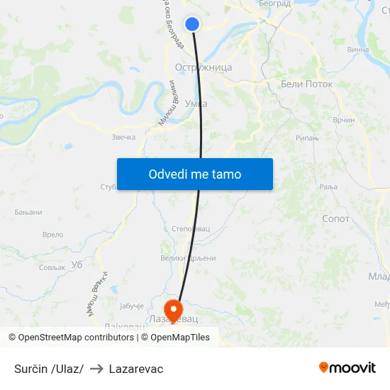 Surčin /Ulaz/ to Lazarevac map