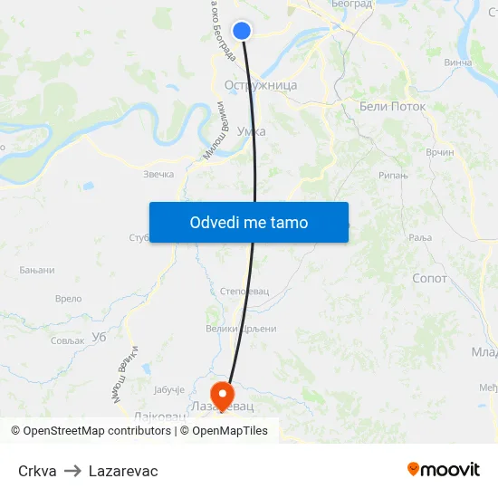 Crkva to Lazarevac map