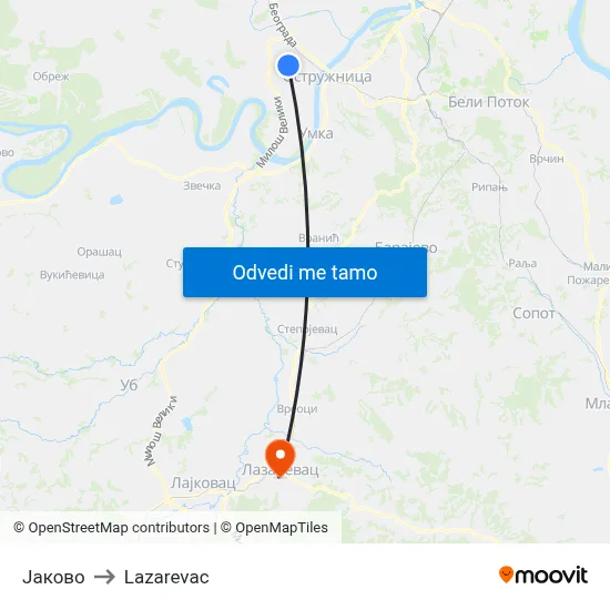 Јаково to Lazarevac map