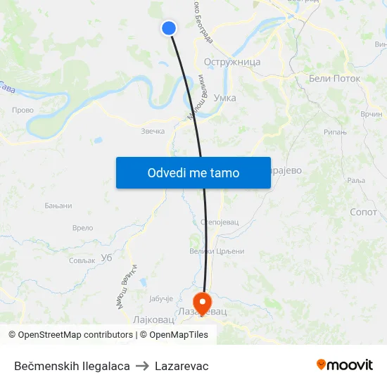 Bečmenskih Ilegalaca to Lazarevac map