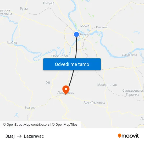 Змај to Lazarevac map