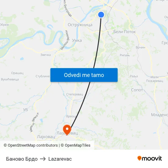 Баново Брдо to Lazarevac map