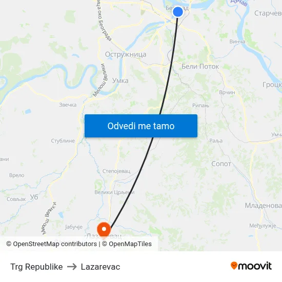 Trg Republike to Lazarevac map