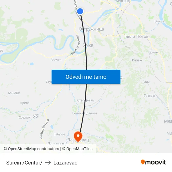 Surčin /Centar/ to Lazarevac map