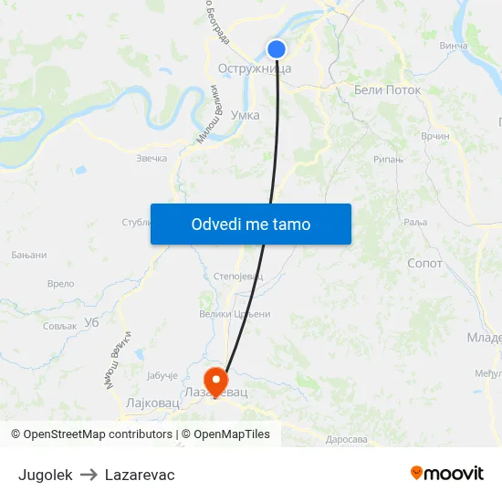 Jugolek to Lazarevac map