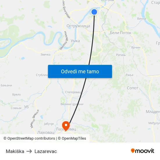 Makiška to Lazarevac map