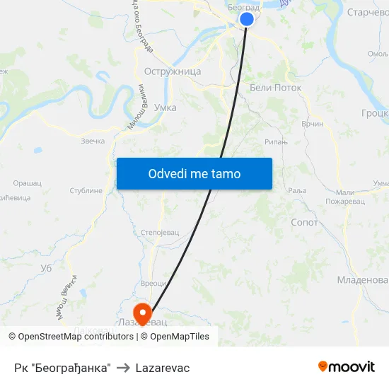 Рк "Београђанка" to Lazarevac map