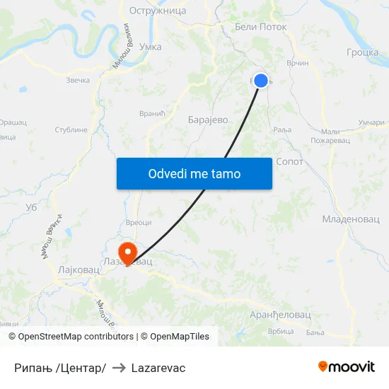 Рипањ /Центар/ to Lazarevac map