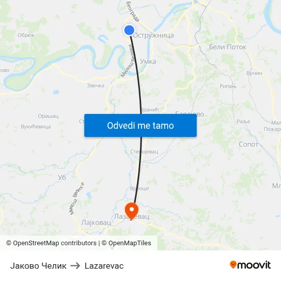 Јаково Челик to Lazarevac map