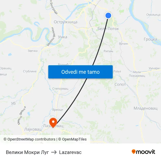 Велики Мокри Луг to Lazarevac map