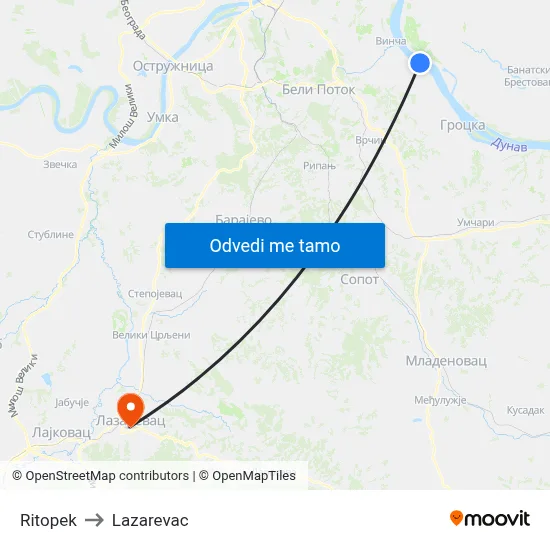 Ritopek to Lazarevac map