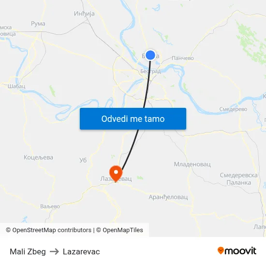 Mali Zbeg to Lazarevac map