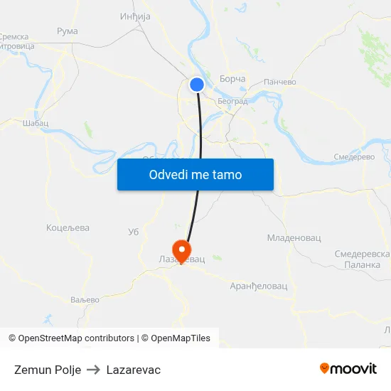 Zemun Polje to Lazarevac map