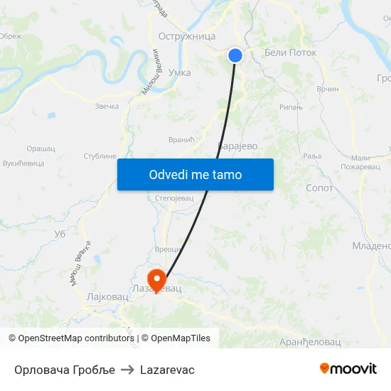 Орловача Гробље to Lazarevac map