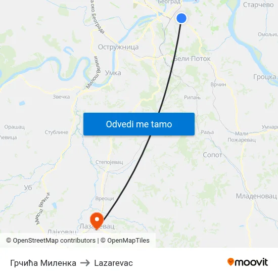 Грчића Миленка to Lazarevac map