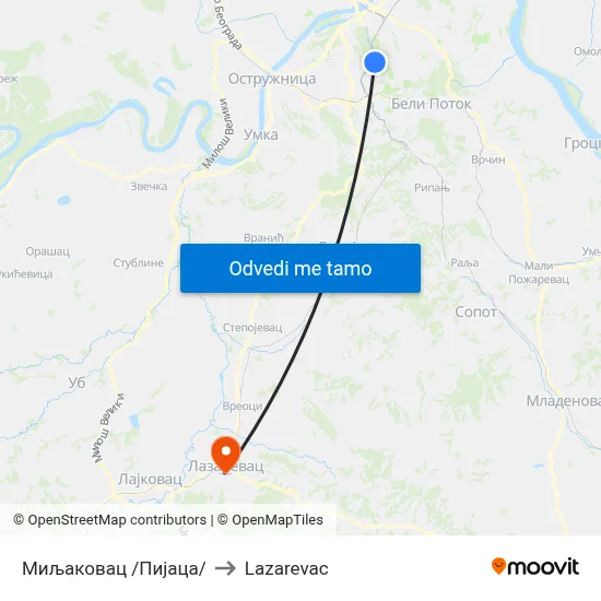 Миљаковац /Пијаца/ to Lazarevac map