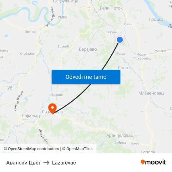 Авалски Цвет to Lazarevac map