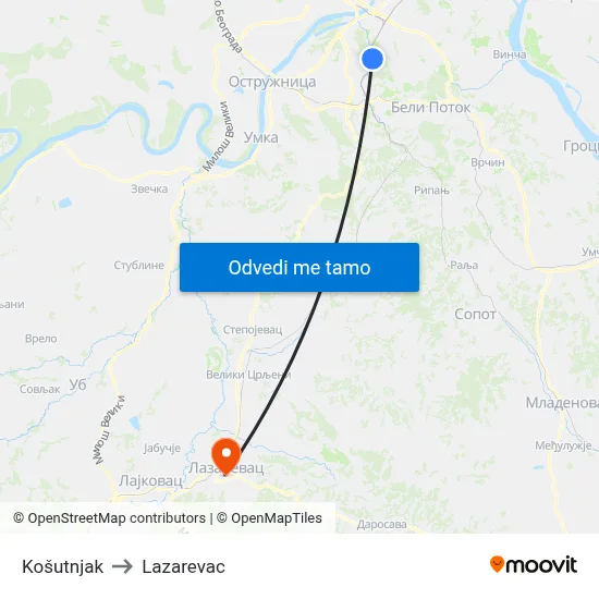 Košutnjak to Lazarevac map