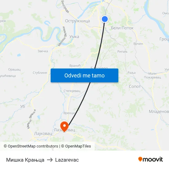 Мишка Крањца to Lazarevac map
