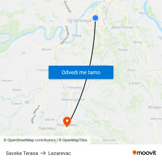 Savska Terasa to Lazarevac map