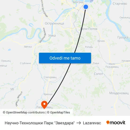 Научно-Технолошки Парк "Звездара" to Lazarevac map