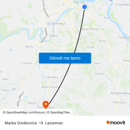 Marka Oreškovića to Lazarevac map