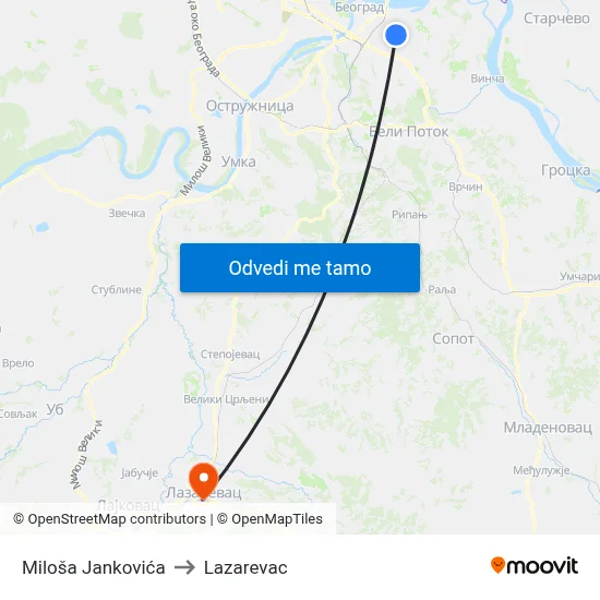 Miloša Jankovića to Lazarevac map