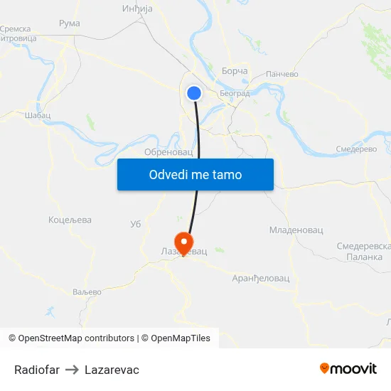 Radiofar to Lazarevac map