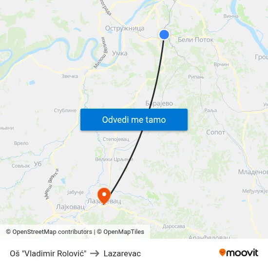 Oš "Vladimir Rolović" to Lazarevac map