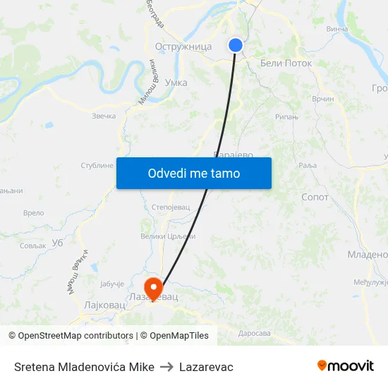 Sretena Mladenovića Mike to Lazarevac map