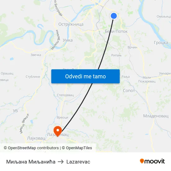 Миљана Миљанића to Lazarevac map