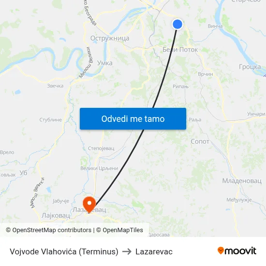 Vojvode Vlahovića (Terminus) to Lazarevac map