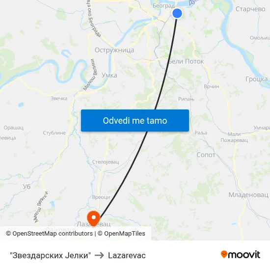 "Звездарских Јелки" to Lazarevac map
