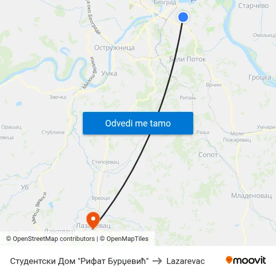 Студентски Дом "Рифат Бурџевић" to Lazarevac map