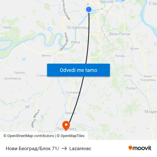 Нови Београд/Блок 71/ to Lazarevac map