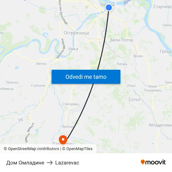 Дом Омладине to Lazarevac map
