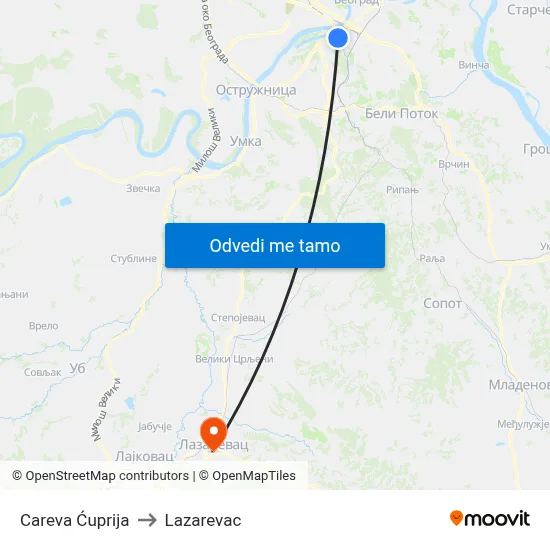 Careva Ćuprija to Lazarevac map