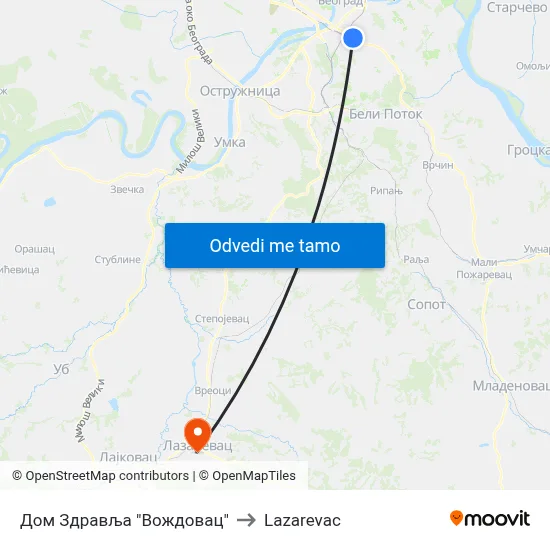 Дом Здравља "Вождовац" to Lazarevac map