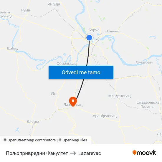 Пољопривредни Факултет to Lazarevac map
