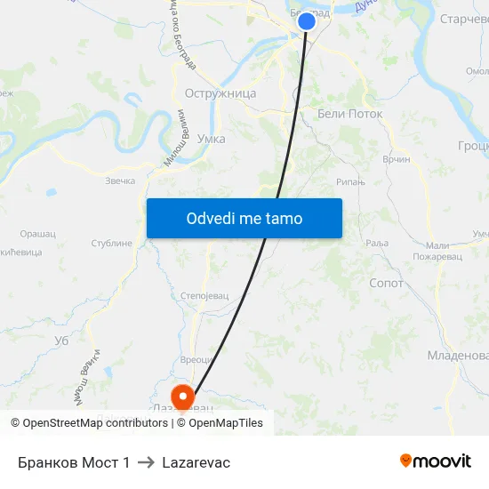 Бранков Мост 1 to Lazarevac map