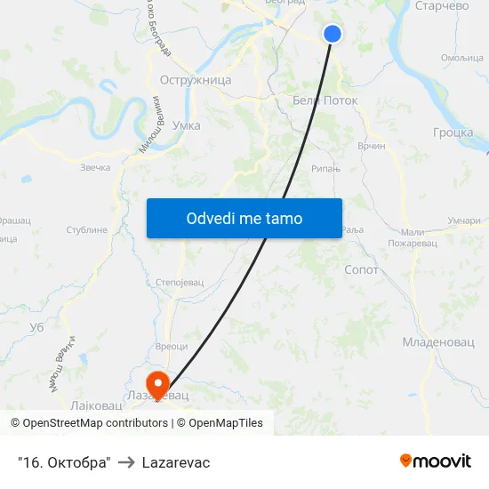 "16. Октобра" to Lazarevac map