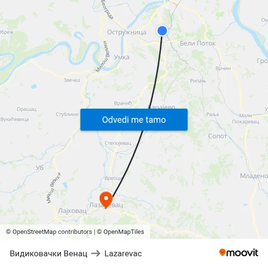 Видиковачки Венац to Lazarevac map