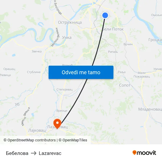 Бебелова to Lazarevac map