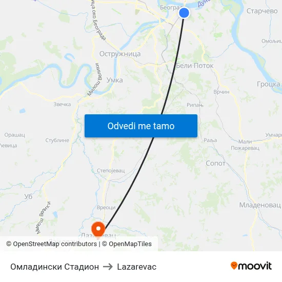 Омладински Стадион to Lazarevac map