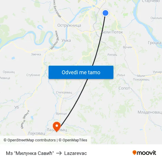 Мз "Милунка Савић" to Lazarevac map