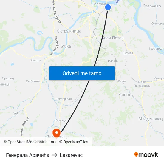 Генерала Арачића to Lazarevac map