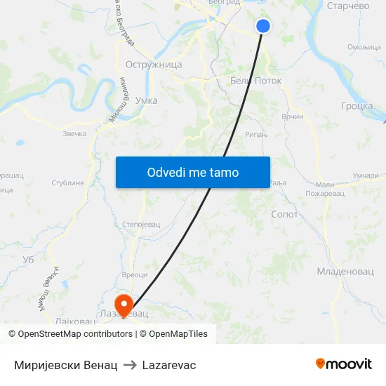 Миријевски Венац to Lazarevac map