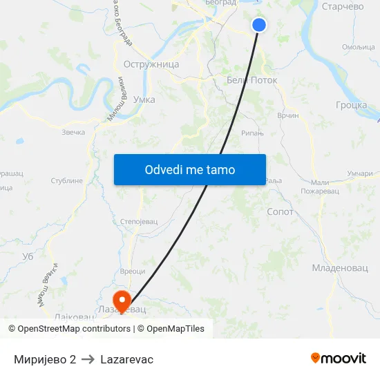 Миријево 2 to Lazarevac map